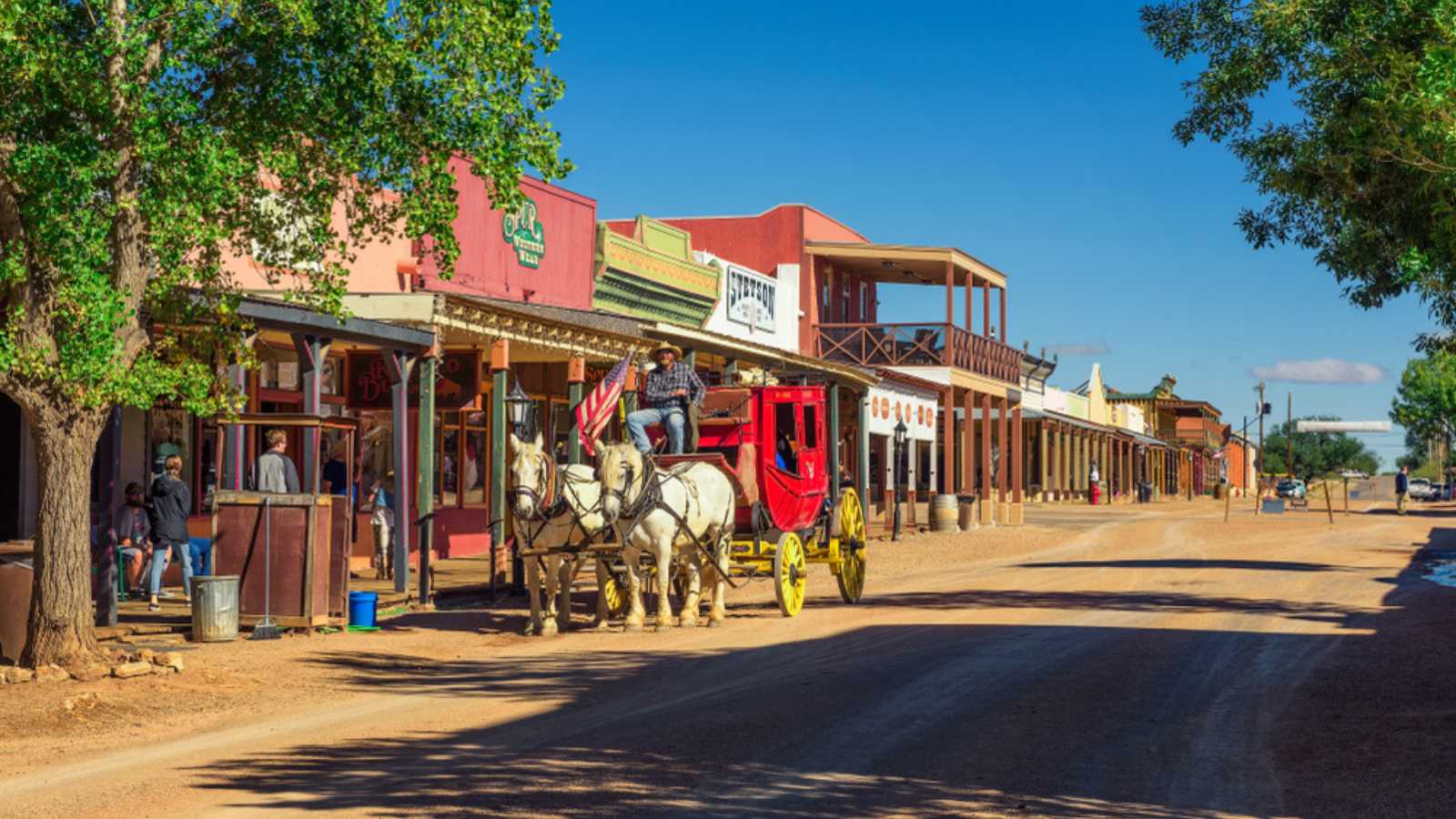 Tombstone, Arizona, USA - October 17, 2018. Historic Allen street with a horse drawn stagecoach in Tombstone. Built near the Goodenough Mine Tombstone became a boomtown in the American frontier.