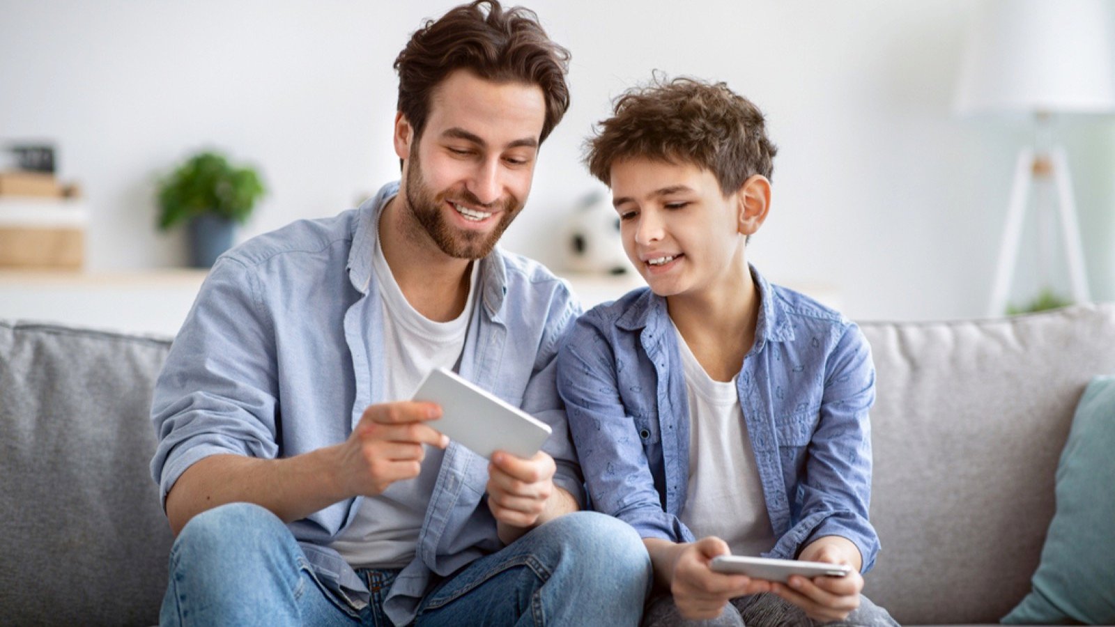 Father with son showing account