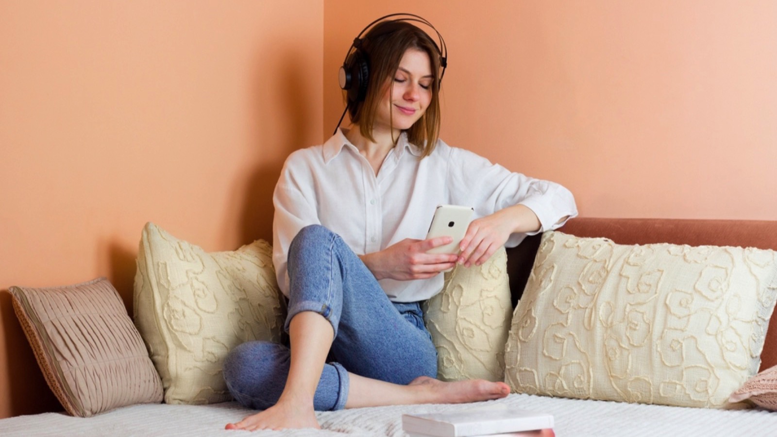 Woman listening to podcast