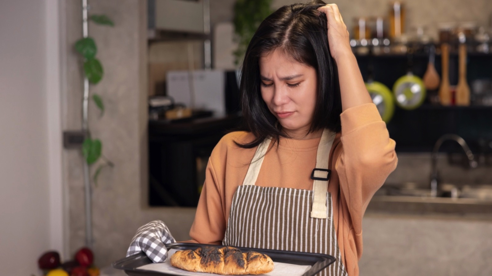 Woman with burnt bun