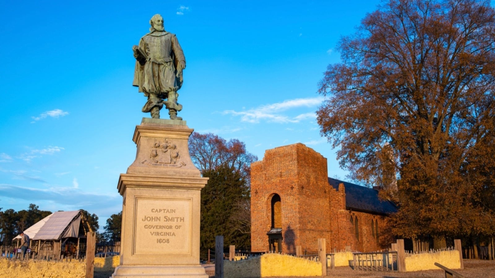 Jamestown, VA: December 9, 2021: A statue for Captain John Smith, Governor of Virginia, at the Jamestown historical settlement.
