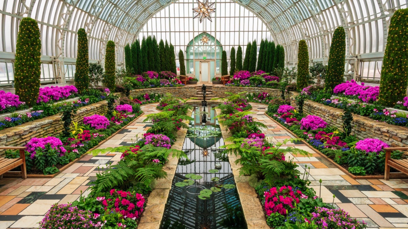 Marjorie McNeely conservatory at Como Park Zoo St. Paul Minnesota. Winter flower show sunken garden. January 2020￼￼
