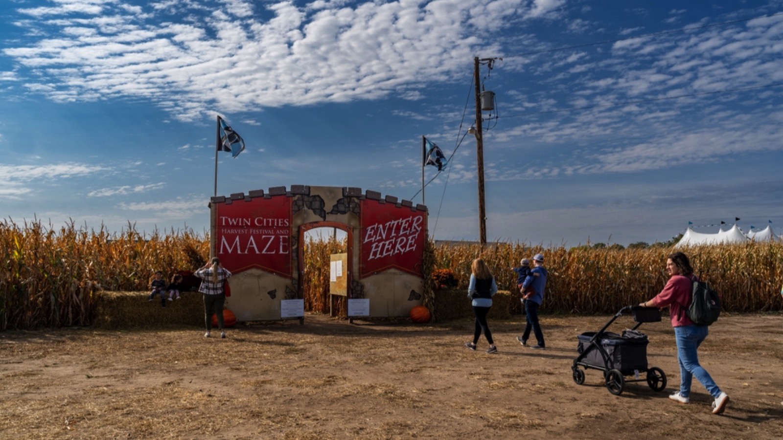 Brooklyn Park, Minnesota - October 2, 2022: Entrance to the Twin Cities Harvest Festival and Corn Maze, a family friendly seasonal event with a pumpkin patch