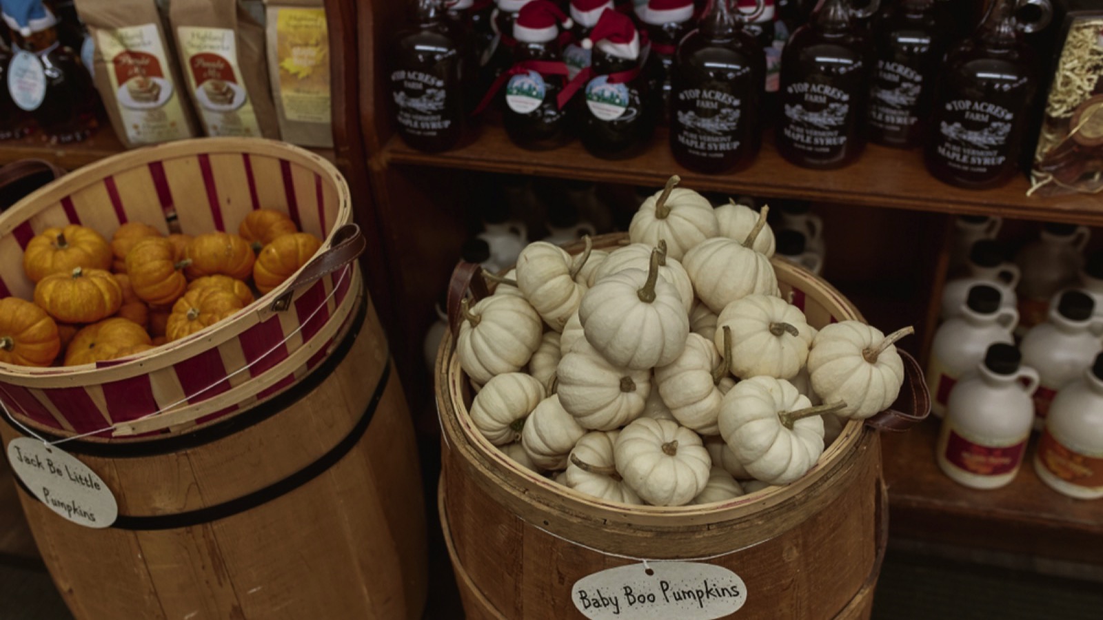 Variety of New England maple syrup and small pumpkins, Woodstock, Vermont