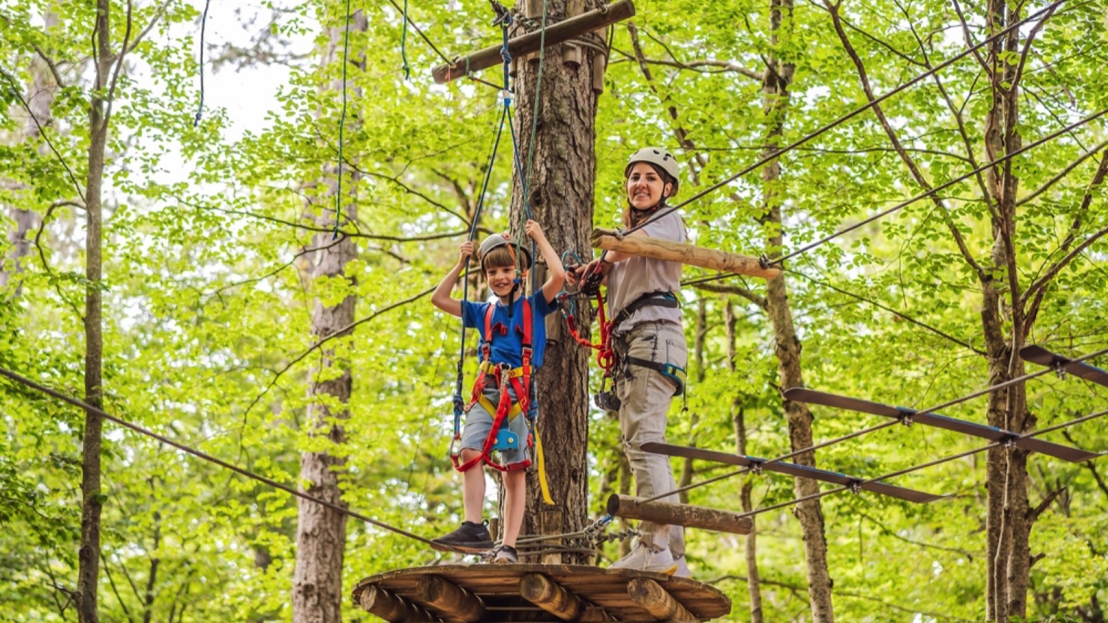Woman and kid zipline