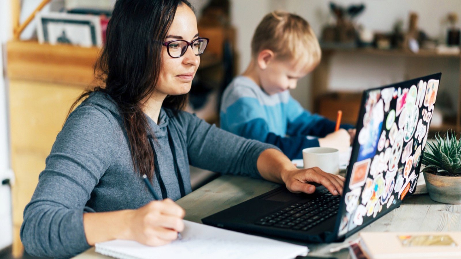 Woman working at home in her work space