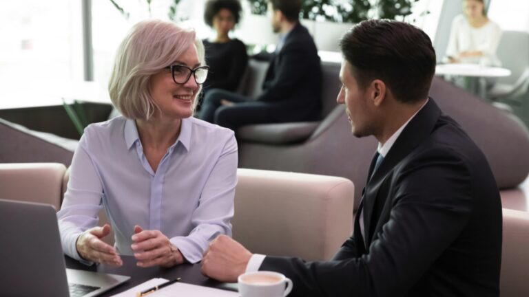 Middle aged woman offering consulting service