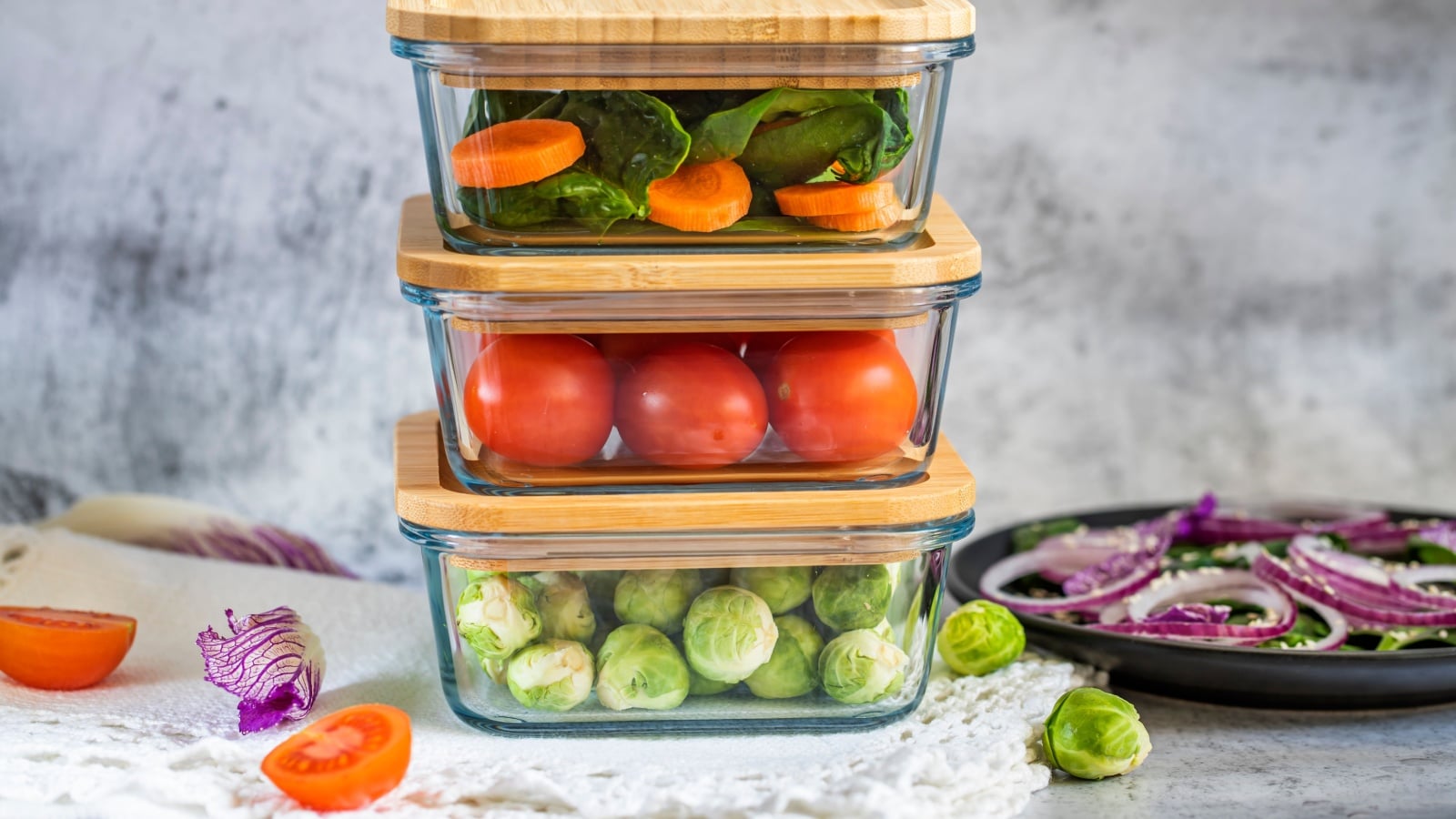 Vegetables in glass storage containers