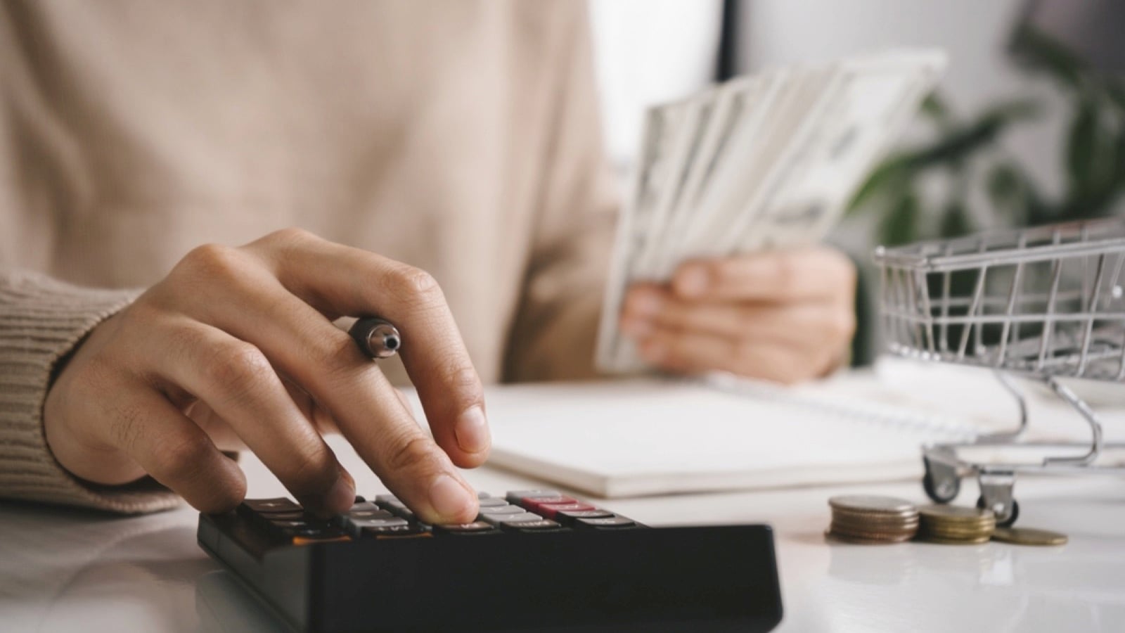 Woman creating grocery budget