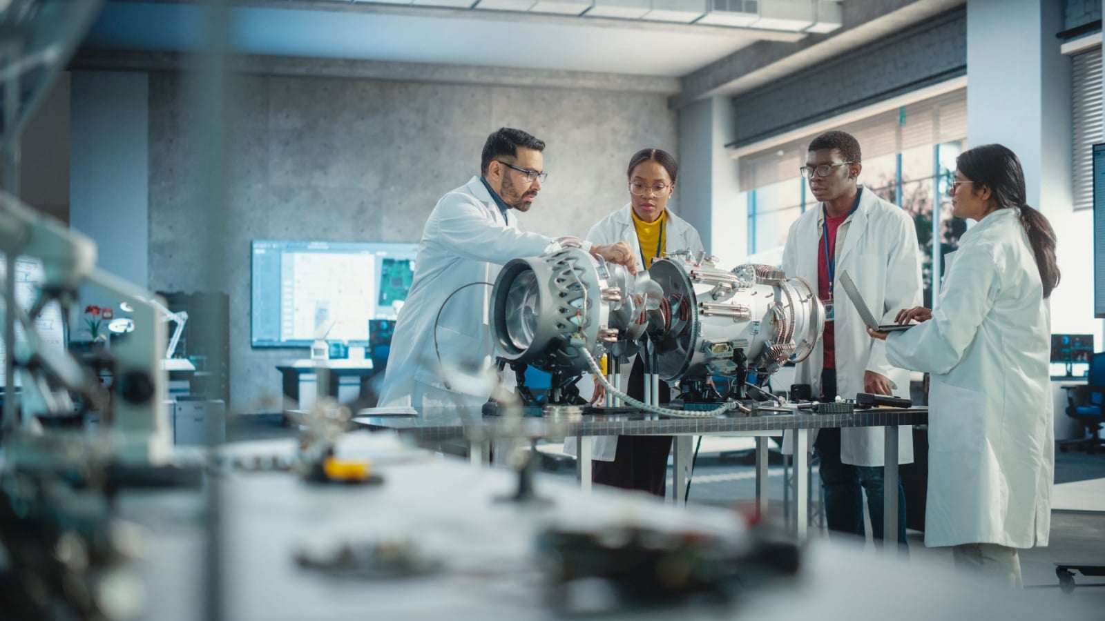 Student Aeronautic Engineers studying an aircraft part