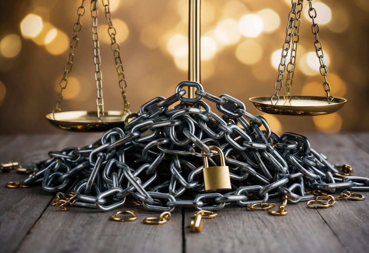 A pile of broken chains and locks, scattered around a shining golden scale, symbolizing the breaking of myths about frugal living