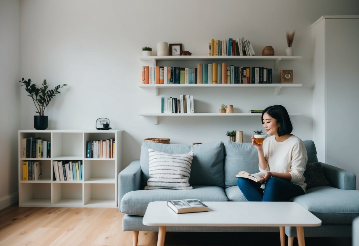 A clutter-free room with simple, functional furniture and minimal decor. A shelf holds books on frugal living. A person reads one while sipping tea
