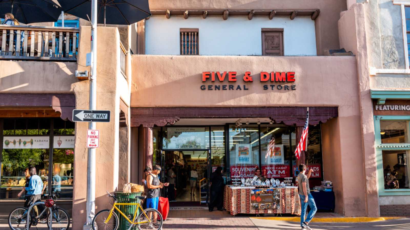 Santa Fe, USA - June 14, 2019: Shops on old town street in United States New Mexico city with adobe style architecture