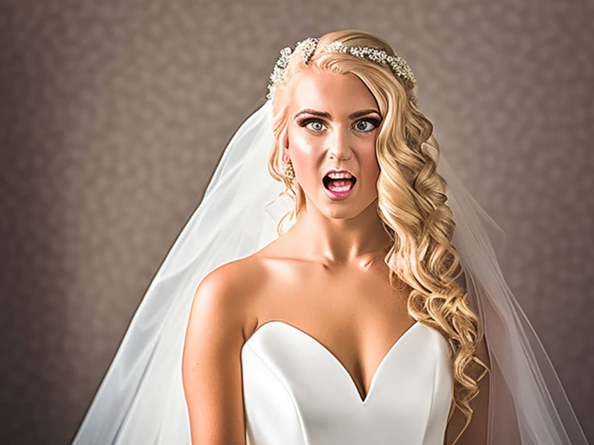 Angry bride in a wedding dress.