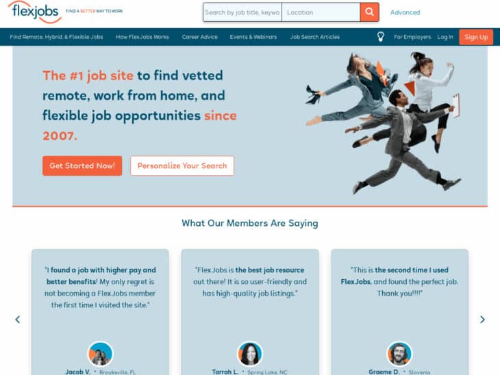 Screenshot of flexjobs.com, one of the best freelance websites for a freelance beginner.