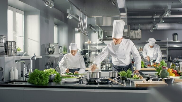 Famous Chef Works in a Big Restaurant Kitchen with His Help. Kitchen is Full of Food, Vegetables and Boiling Dishes